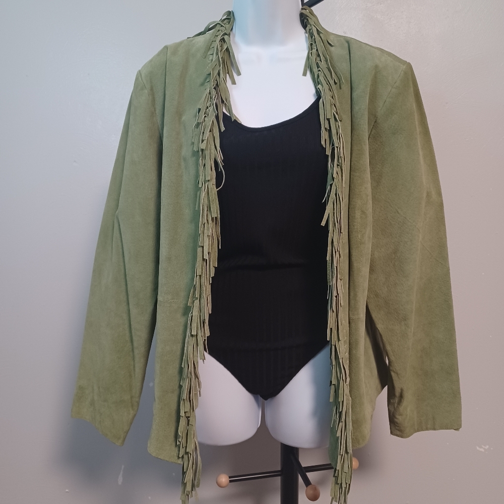 Dialogue Green Suede Leather Fringe Jacket Size Large